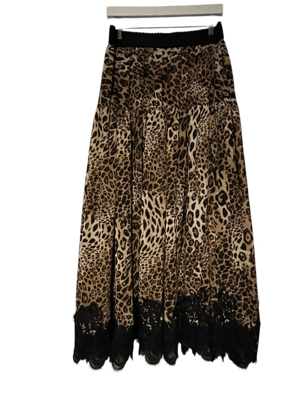 Leopard Print Maxi Skirt with Black Lace Trim & Elastic Waistband Size 1XL